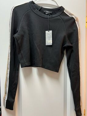 Twenty Black Cropped Sweatshirt with Gold and Silver Shoulder Stripes